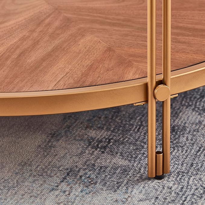 32in Round Wood Coffee Tables with Glass Top ＆ Metal Leg, 2 Tier Circle Coffee Table for Living Room,Wooden Coffee Tables,Easy Assembly (Only Coffee Table, 32" Dx32 Wx18 H, Gold)