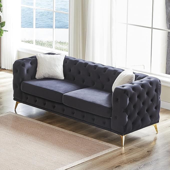 KEIKI 83" Luxury Oversized Velvet Chesterfield Sofa with 2 Pillows, Mid-Century Style 3-Seater Tufted Buttons Couch with High-Density Foam Cushions, Easy Assembly, for Apartment, Living Room, Black