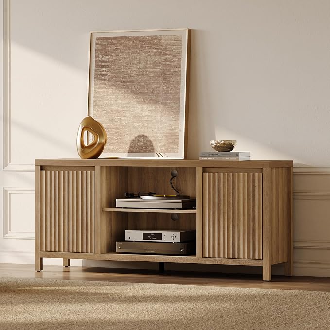 SICOTAS Fluted TV Stand for 55 65 inch TV - Large TV Consoles for Living Room Bedroom, Mid Century Modern Entertainment Center with Storage Cabinet, Wooden Television Stands Media Console, Caramel Oak - Image 8