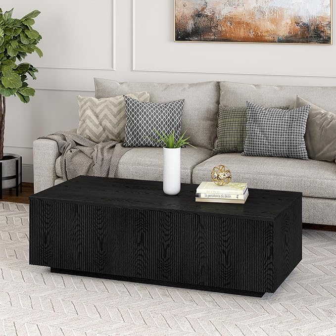 Henn&Hart 48" Fluted Rectangular Low-Profile Coffee Table with Ribbed Sides for Living Room, Family Room, or Office, Natural Black