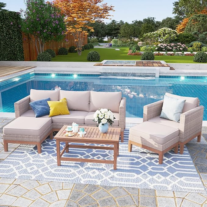 PHI VILLA All Weather Wicker Patio Furniture Sets, 5 Pieces Outdoor Natural Rattan Sectional Sofa Conversation Set with Acacia Wood Coffee Table & Waterproof Cushions, 2 Ottomans for Apartment Balcony