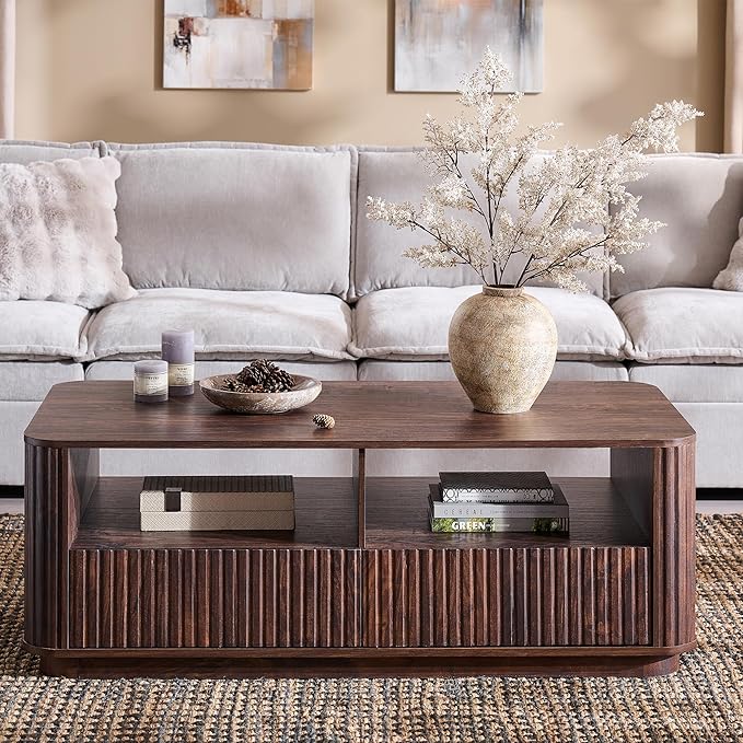 ACCOHOHO 51" Fluted Coffee Table with Storage, Modern Center Table with 2 Drawers, Rectangle Wood Coffee Table for Living Room, (Dark Walnut)