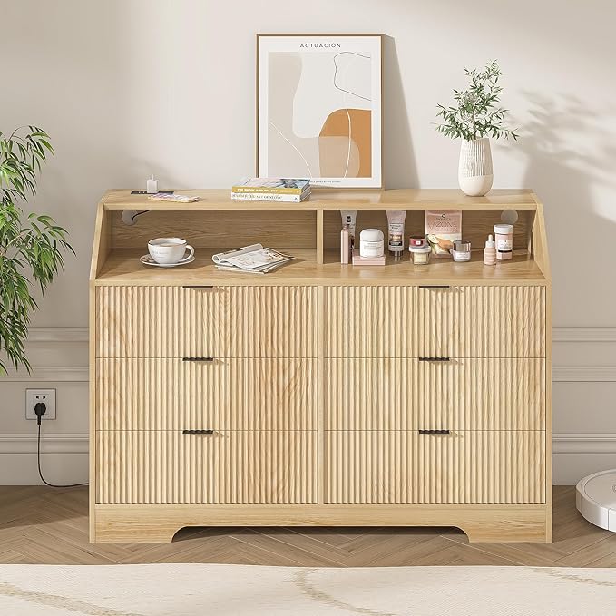 Women Bedroom Furniture Set of 2 Fluted Dresser and Makeup Vanity Desk with Charging Station Wood Dressing Table with 3 Lighting Modes and Accent Fluted Drawer Dresser for Women's Bedroom