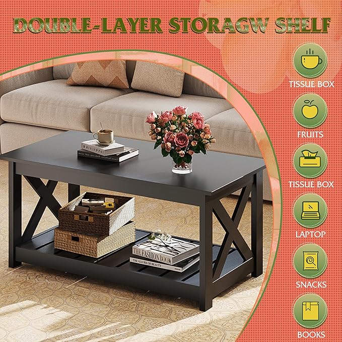 WLIVE Farmhouse Coffee Table for Living Room, 40.1" Rustic Center Table with X-Frame Support & Storage Shelf, 2-Tier Wood Coffee Tables for Bedroom & Balcony, Charcoal Black