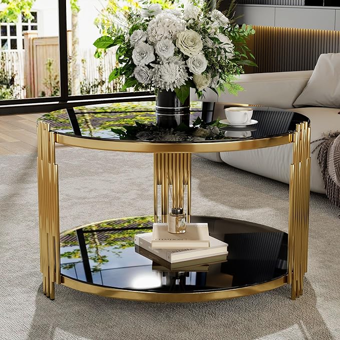 Modern Black Mirror Coffee Table, Asymmetrical Metal, Circular Metal Drum Base, Gold Finish & Lower Shelf