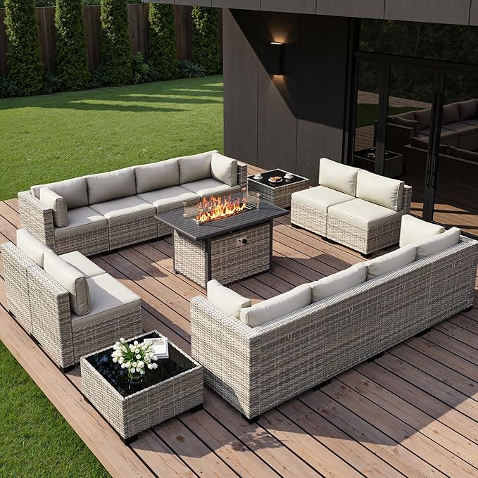 15-Piece Outdoor Patio Furniture Set with 55,000 BTU Fire Pit Table, PE Wicker Rattan Sectional Sofa Conversation Set - All-Weather Garden, Backyard Furniture, White
