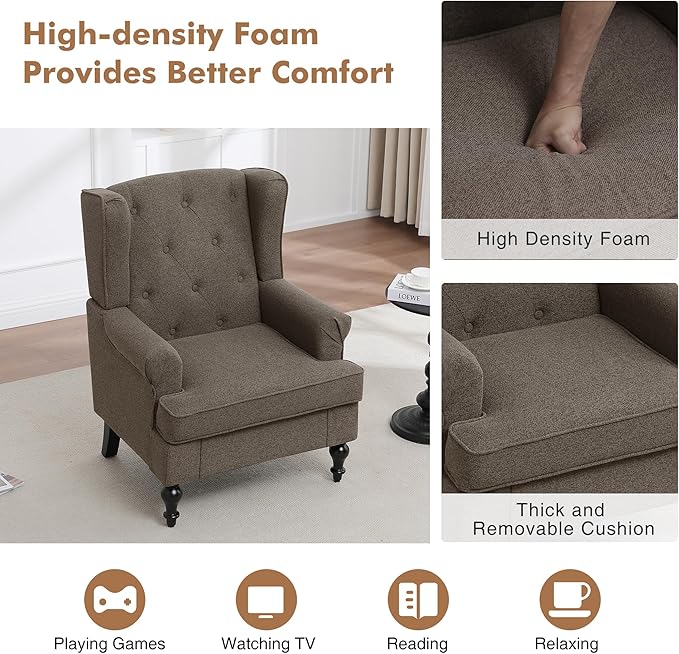 Accent Chair Set of 2, Mid Century Modern Fabric Wingback Chair, Upholstered Armchair with High Back and Vintage Legs, Comfy Single Sofa Side Reading Chair for Living Room Bedroom, Brown