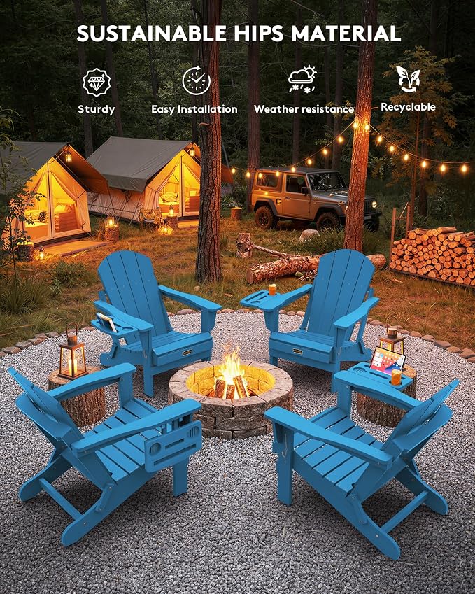 SERWALL Folding Adirondack Chair with 4 in 1 Multi-Functional Cup Holder, Wood Texture Adirondack Chairs for Patio Garden Outdoors, All-Weather Plastic Fire Pit Chairs - Sapphire - Image 9