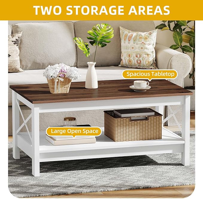 DWVO Rectangle Coffee Tables for Living Room Storage Table Wood Coffee Table with Thicker Legs 2 Tier Modern Coffee Table Center Table for Living Room, Brown