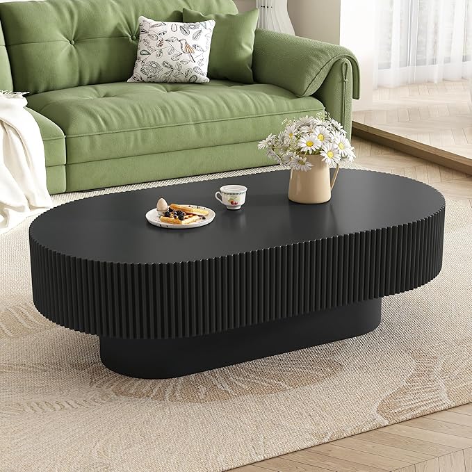 Merax Modern Oval Coffee Table with Sturdy Base, Wood Minimalist Fluted Center End Tables for Living Room Reception Room, Easy Assemble,Black