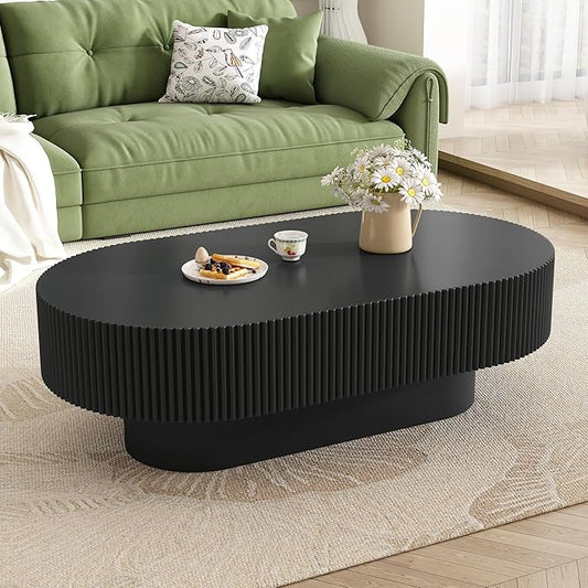 Merax Modern Oval Coffee Table with Sturdy Base, Wood Minimalist Fluted Center End Tables for Living Room Reception Room, Easy Assemble,Black
