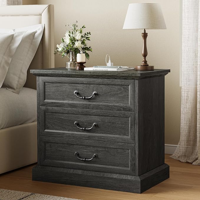 Huuger Nightstand with Charging Station, 3 Drawer Night Stand, 22 Inch Wider Side Table with Storage, Farmhouse Nightstand with Vintage Handles, Thicken Base, for Bedroom, Black by Huuger