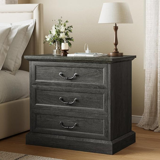 Huuger Nightstand with Charging Station, 3 Drawer Night Stand, 22 Inch Wider Side Table with Storage, Farmhouse Nightstand with Vintage Handles, Thicken Base, for Bedroom, Black by Huuger