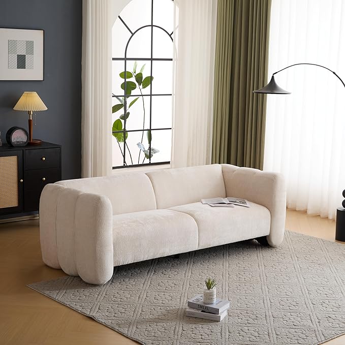 Christopher Knight Home Carine 83‘’ Sofa Couch, Cozy Boucle Fabric Upholstered 3-Seater Seating Sofa, Comfy Couches for Living Room and Office, Modern Oversized Loveseat, Curved Wave Design, Beige