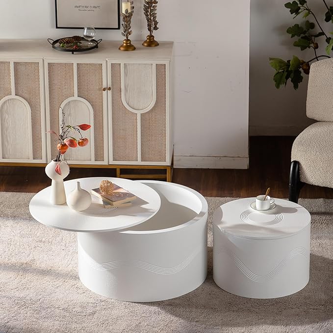 kevinplus 46.46'' White Round Coffee Table Set of 2 with Storage Space, Modern Circle Fluted Drum Nesting Coffee Table for Living Room, No Assembly, White