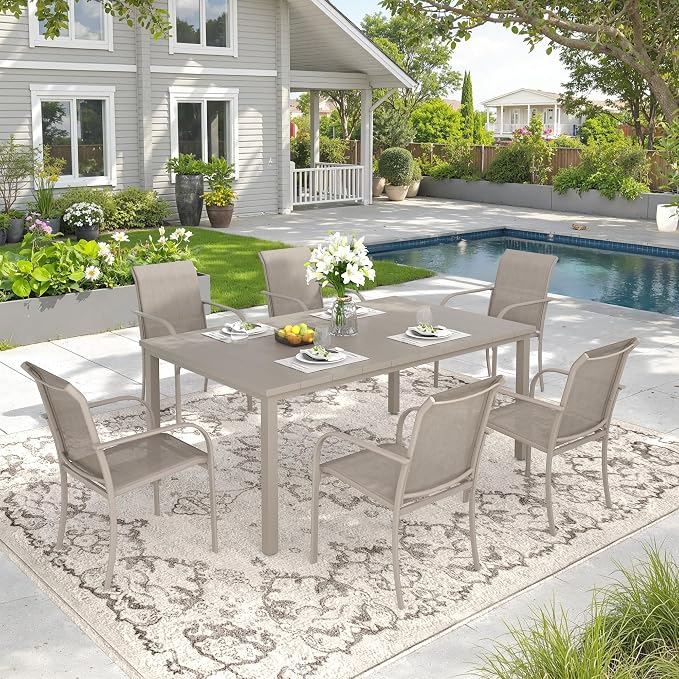 DIFY 7 Pieces Outdoor Patio Dining Set for 6, 63" Sandshell Rectangle Metal Dining Table and 6 Sandshell Stackable Sling Dining Chairs, Outdoor Table and Chairs for Lawn Garden Backyard Deck by DIFY