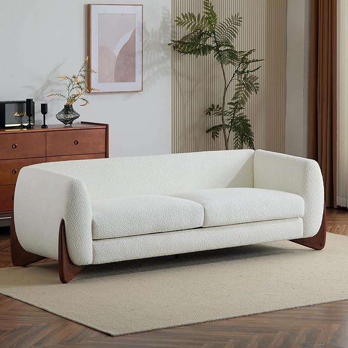 Merax 82 Inch Boucle Sherpa Sofa, Chenille Loveseat with Removable Cushions & Wood Legs, Modern Plush 3-Seater Couch for Living Room, Beige