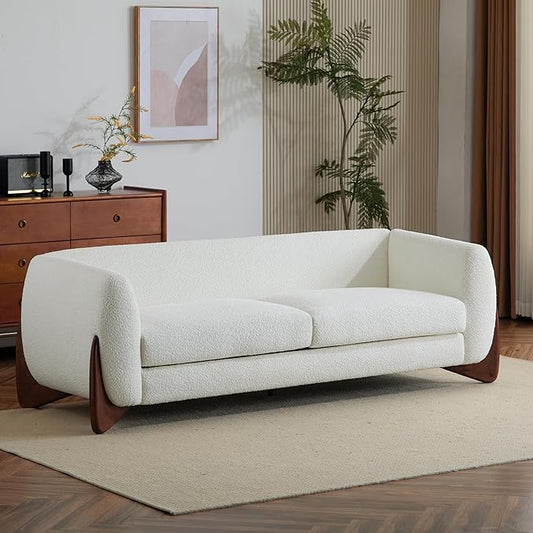 Merax 82 Inch Boucle Sherpa Sofa, Chenille Loveseat with Removable Cushions & Wood Legs, Modern Plush 3-Seater Couch for Living Room, Beige