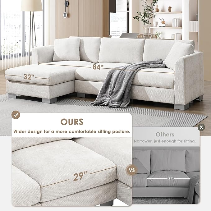 Deep Seat Oversized L Shaped Modular Sectional Sofa with Extra Wide Chaise, 4 Seater Cloud Lounge Sofa Corner Couch with Metal Legs and Detachable Cushions for Living Room Apartment, Chenille Fabric