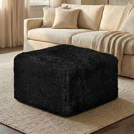 Furniture of America Havyn Modern Faux Fur 1-Seater Square Modular Foam Ottoman, Compressed Couch in a Box, No Assembly Required, for Living Room and Office, Black