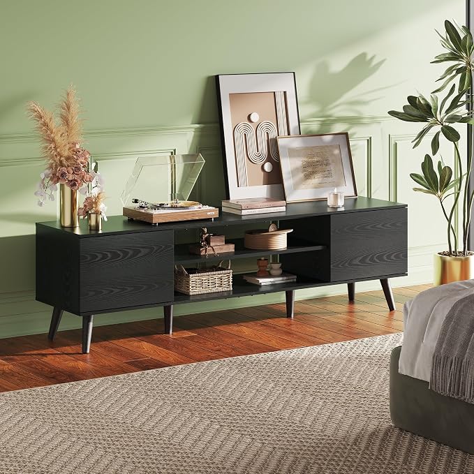WLIVE Mid-Century Modern TV Stand for 65 70 Inch TV, Entertainment Center with Storage, Adjustable Shelves & Soft-Close, Media TV Console for Living Room/Bedroom, Black - Image 2