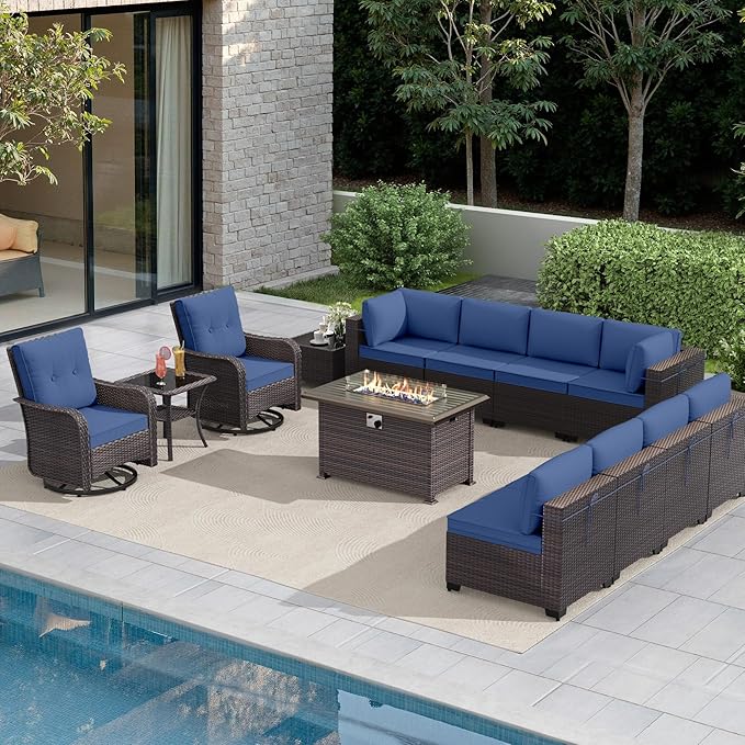 Gotland 13 Pieces Patio Furniture Set with Fire Pit Table Swivel Chairs, PE Rattan Outdoor Furniture Set with 29.5'' High Backrest 4’’ Thick Cushions Coffee Table, Patio Set for Porch, Deck, Navy