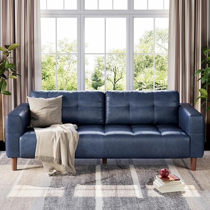 GarveeHome 3-Seater Sofa Couch, 83 in Wide Faux Leather Sofa Couch with Spring Cushion, Modern Sofa with Deep Seats and 2 Removable Back Cushions, for Living Room, Bedroom, Apartment, Office, Blue