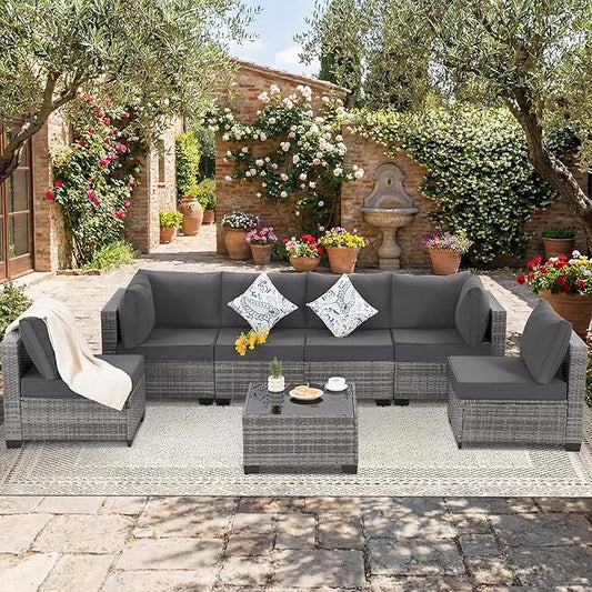 Patio Outdoor Furniture Set 7 Pieces Rattan Wicker Sectional Sofa Couch Conversation Set with Table for Deck Lawn, Gray Wicker/Gray Cushion