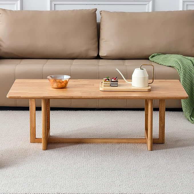 Mid Century Modern Wood Coffee Table with PE Rattan Stand, 47 Inch Rectangular Solid Wood Boho Coffe Table, Unique Center Cocktail Table for Livinig Room Apartment Office