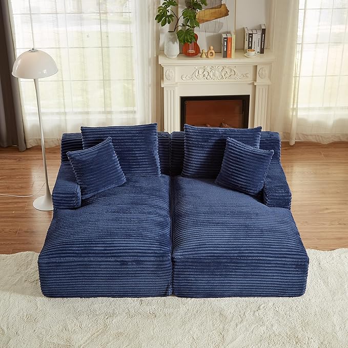 Oversized Double Chaise Lounge Chair Indoor Deep Seat Cloud Couch for Living Room 79" Plush Corduroy Upholstered Boneless Lounge Couch Cozy Sofabed with Throw Pillows and Wide Armrest for Home Office