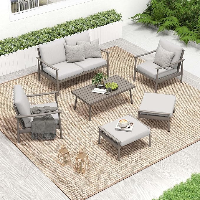 HAPPATIO Patio Outdoor Furniture Set - 6 Pieces Aluminum Outdoor Conversation Set with 1 Cushioned Loveseat, 2 Armchairs, 1 Coffee Table and 2 Ottomans for Yard, Porch, and Deck (Grey)