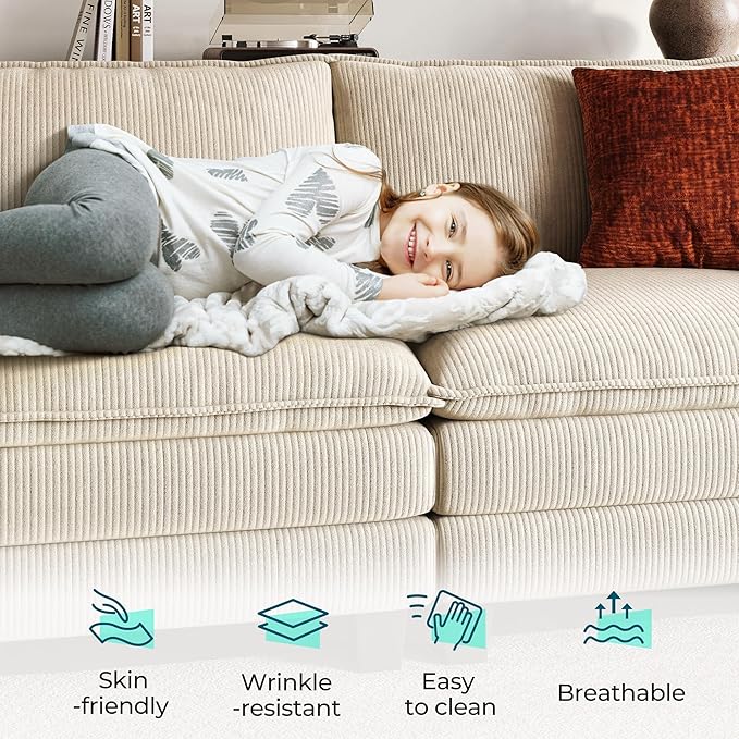 LINSY HOME Modular Sectional Sofa - Oversized Corduroy Cloud Couch with Movable Ottoman Soft Modern Comfy Sofa Set for Living Room Apartment Office, Beige