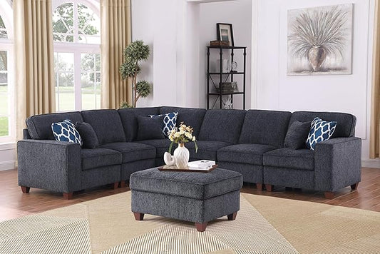 Ball & Cast 116" L-Shaped Sectional Couch with Movable Ottoman & 6 Throw Pillow,7 Seat Chenille Upholstered Sectional Sofa W/Wide Armrest,DIY Combination,Comfy Sectionals Set for Living Room,Dark Gray