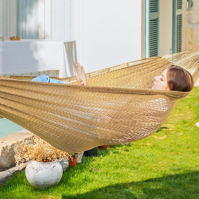 PNAEUT Handwoven Mayan Hammock, Thick Soft Rope Double Hammock for Outdoor Outside & Indoor, 600 lbs Capacity Heavy-Duty, Includes Tree Straps, Carabiners & Carrying Bag(Tan, X-Large) - Image 2