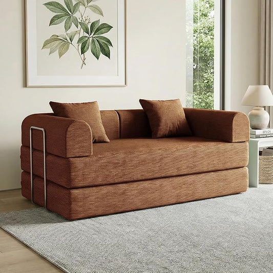 59'' Convertible Compressed Corduroy Folding Cloud Sofa Bed, Modern Boneless Pull Out Loveseat Sleeper in a Box, 4 in 1 Floor Mattress Futon Cloud Couch, No Assembly Needed, Caramel, 2 Pillows, Queen