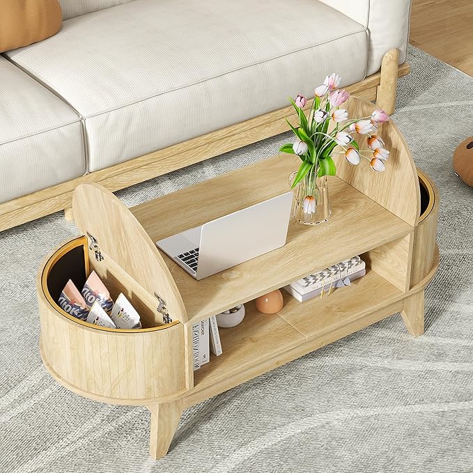 46.45'' Oval Coffee Tables for Living Room, Mid Century Modern Coffee Table with Storage, Wood Fluted Accent Center Table with Flip-Top Lids for Home,Office (Wood Color)