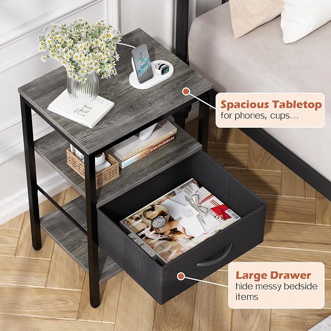 SUPERJARE Nightstand with Charging Station, Bed Side Table with Adjustable Fabric Drawer, Night Stand for Bedroom, 3-Tier Storage End Table, for Living Room, Charcoal Gray - Image 6