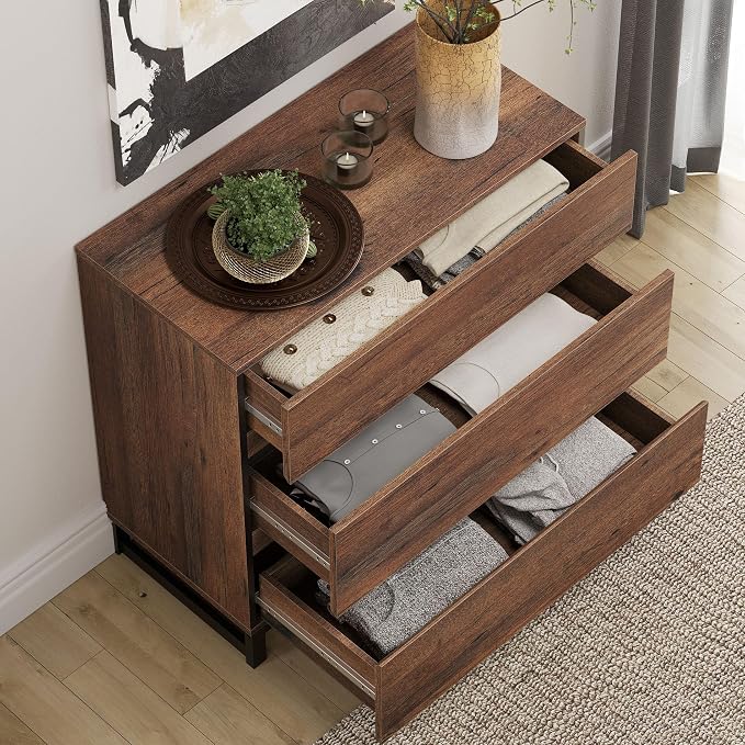 WAMPAT Nightstand with 3 Drawers for Bedroom, Modern Bedside Table with Black Square Metal Leg, Wood Rustic Side End Table, Brown - Image 4