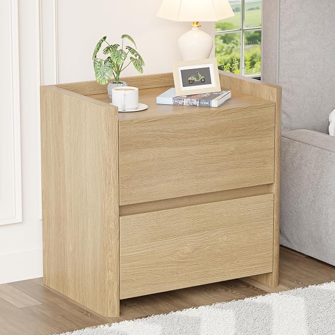 Nightstand with 2 Storage Drawer, Modern End Table for Bedroom with Cut-Out Handle, Large Night Stands for Bedroom, Home Office, Set of 1, Oak by HOCAT