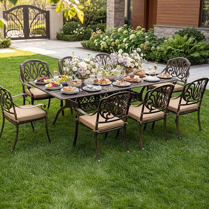 VINGLI 9 Pieces Outdoor Dining Set, Cast Aluminium All-Weather Patio Dining Set for 8 with Umbrella Hole, Outdoor Dining Table and Chairs with Cushion for Yard, Garden, Porch and Poolside, Bronze - Image 8