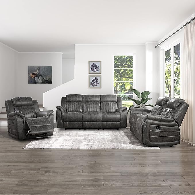 Lexicon Recliner Living Room Set, Home Theater Seating, Manual Polished Microfiber Upholstery Sofas, RV Couch Including Double Recliner Sofa, Loveseat and Chair, 3-Piece Set, Brownish Gray