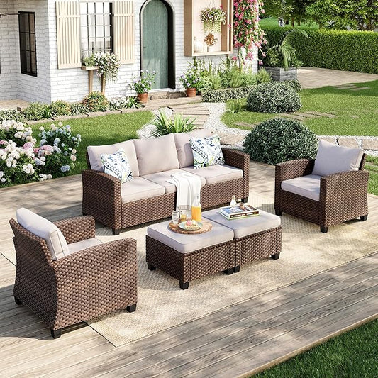 Patio Furniture Set, 5 Pcs Wicker Rattan Outdoor Conversation Set, 2 x Leg Chairs, 1 x 3 Seater Sofa and 2 x Ottoman with 4" Thick Cushion, Beige