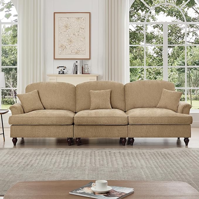 KEIKI Mid Century Modular Sofa with Flared Arms and Skirted Design, 107” Oversized 3-Seater Chenille Sectional Couches for Living Room, Apartment Size Couch, Home Sofa Bedroom Furniture, Light Coffee
