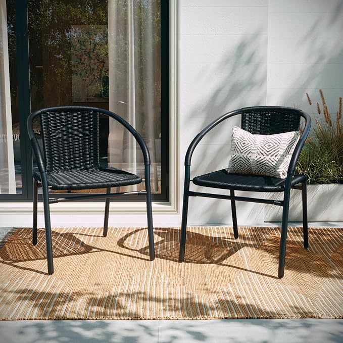Flash Furniture Modern Rattan Indoor/Outdoor Restaurant Dining Chairs, Stackable Rattan Bistro Chairs for Patio or Restaurant, Set of 2, Black - Image 6