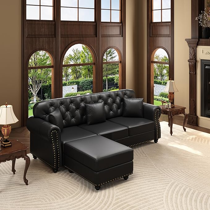 KEIKI 83" Faux Leather Chesterfield Sofa with Rolled Arms & Nailhead Trim & 3 Ottoman, 3-Seater Button Tufted Couch with High Resilience Cushion & 3 Pillow, Easy Assembly, for Living Room, Black