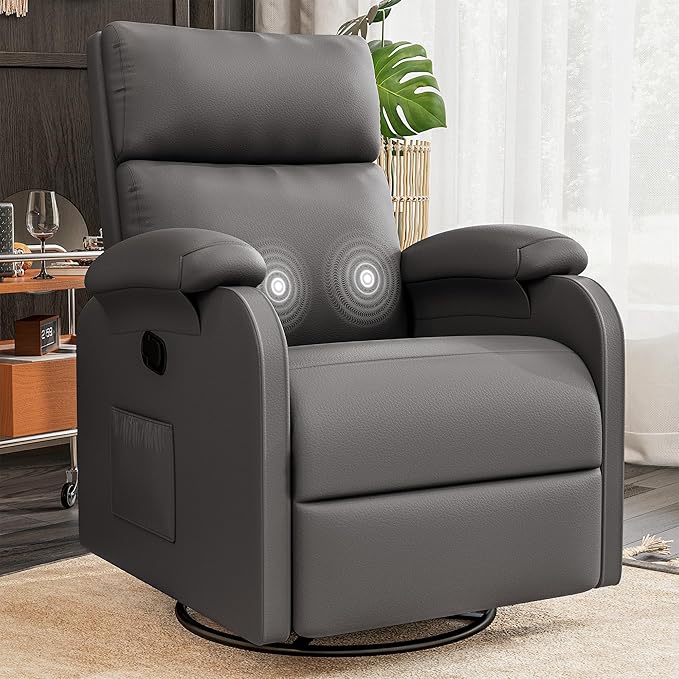 Homall Recliner Chair, 360 Swivel Rocking Chair for Adults, Massage Nursery Chair with Adjustable Backrest and Footrest, PU Leather Glider Rocker Recliners with Side Pocket for Living Room (Grey)