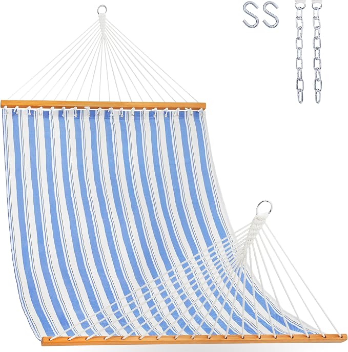 Lazy Daze Hammocks Quick Dry Hammock with Spreader Bar Textliene Fabric Double 2 Person Hammock with Chains Outdoor Patio Poolside Backyard Beach 450 lbs Capacity, Blue Stripes by LazyDazeHammocks