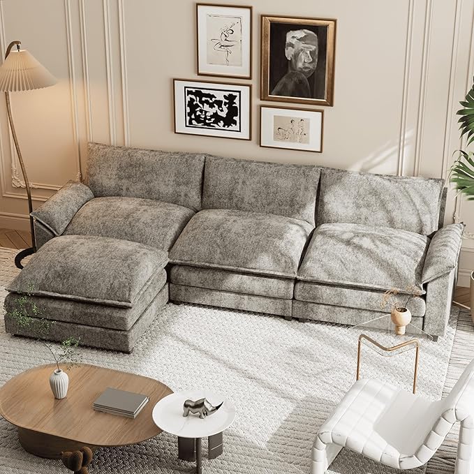 Shahoo Sectional Modular Sofa L Shaped Chenille Fabric Couch with High Supportive & Soft Sponges and Removable Ottoman, Sleeper Comfy Upholstered Furniture for Living Room, Grey