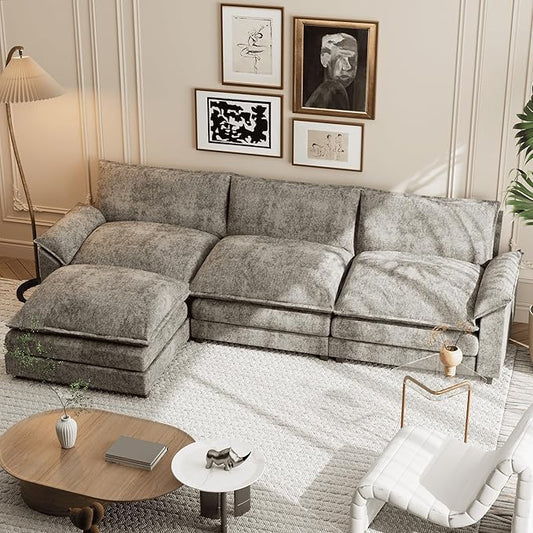 Shahoo Sectional Modular Sofa L Shaped Chenille Fabric Couch with High Supportive & Soft Sponges and Removable Ottoman, Sleeper Comfy Upholstered Furniture for Living Room, Grey