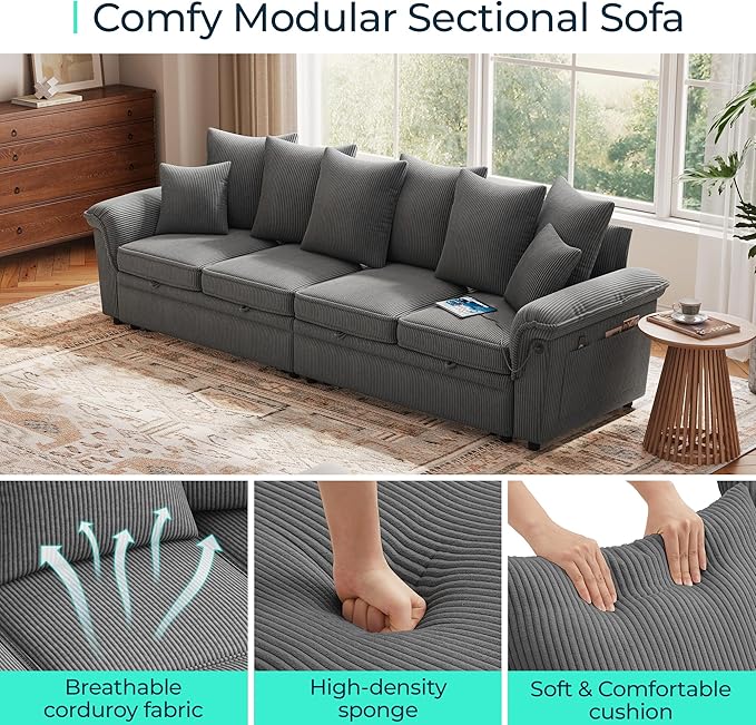 LINSY HOME Oversized Sectional Sleeper Sofa with Pull Out Couch Bed (Gray, 110.5'') | USB Charging, Pillow-style Armrest, Multiple Cushions, Modular Sofa, Corduroy Fabric